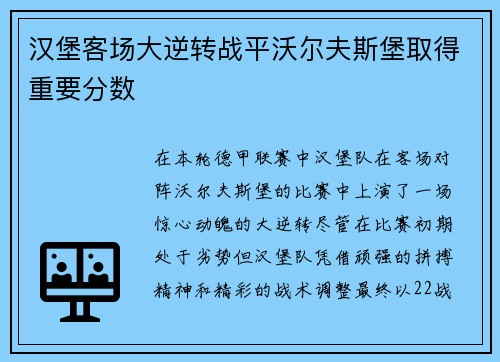 汉堡客场大逆转战平沃尔夫斯堡取得重要分数